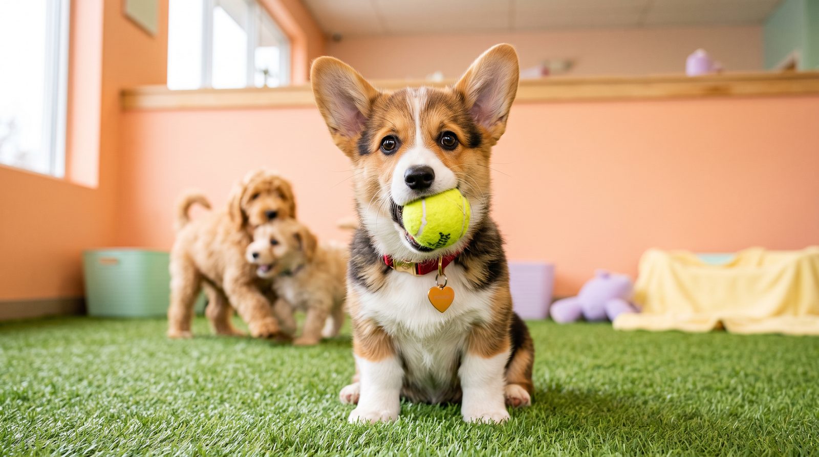 Corgi štěně s tenisákem v tlamě ve školce